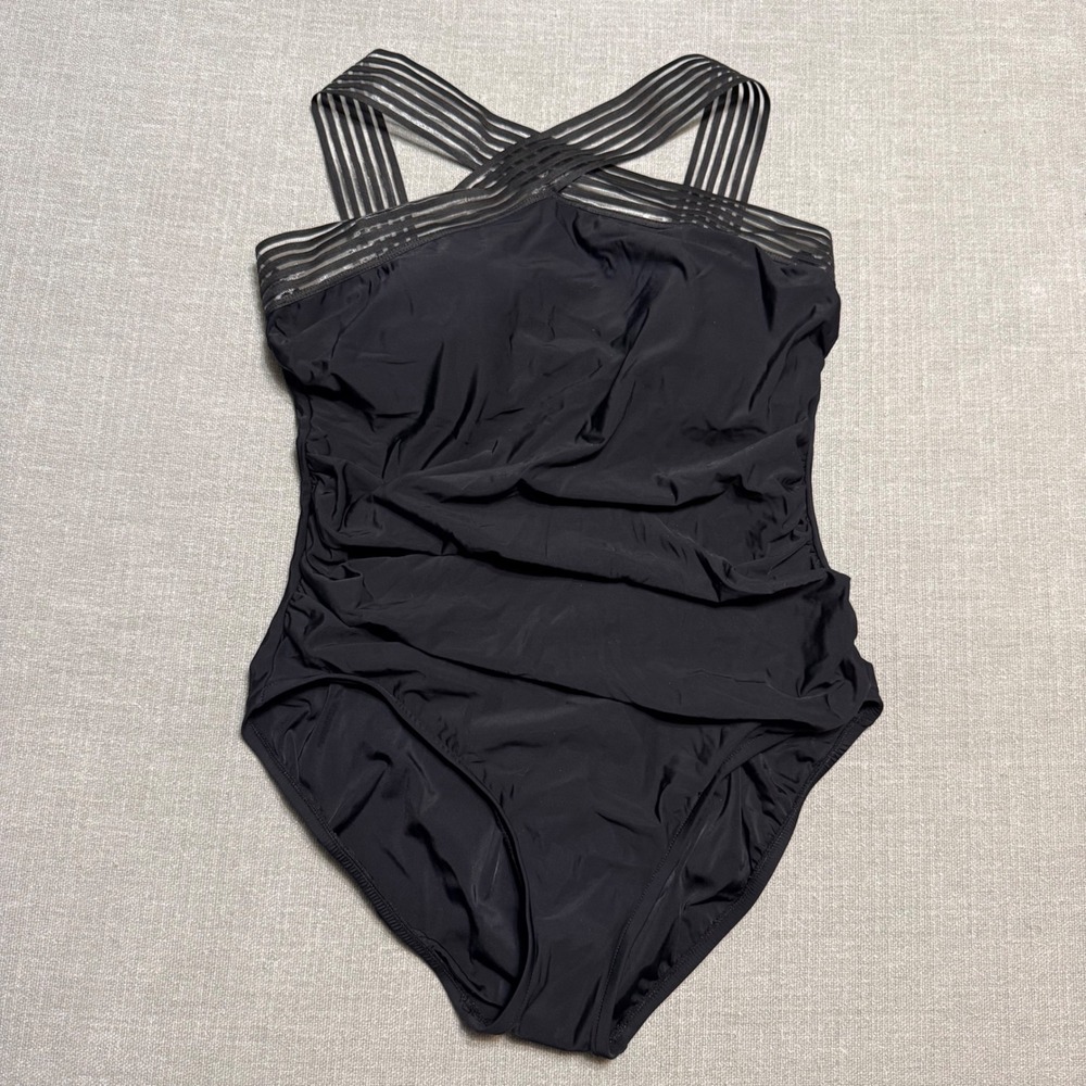 Aqua Green Black One Piece Swimsuit XL Mesh‎ High Neck Ruched Tummy Control Swim